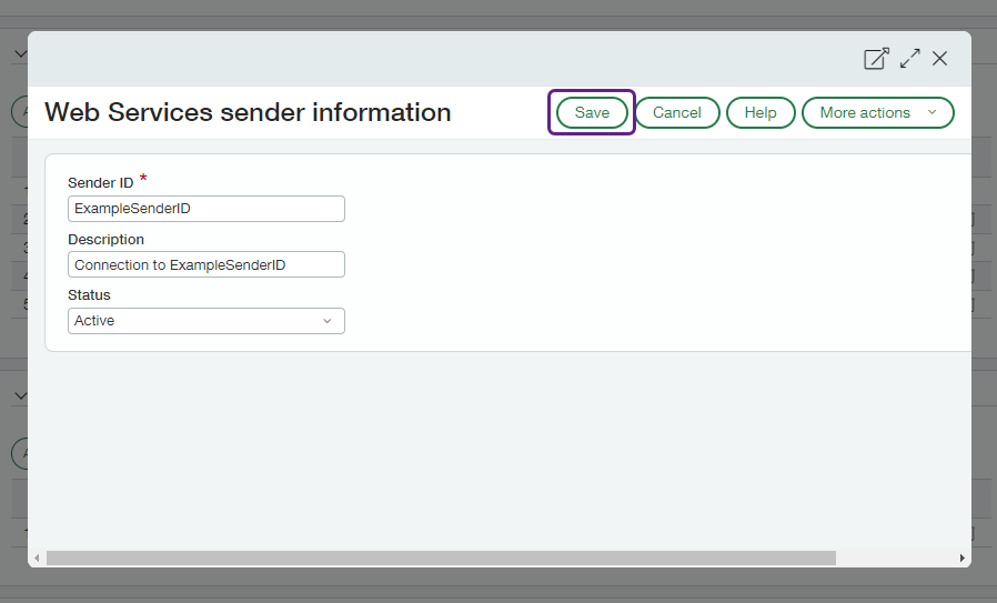 Screenshot of Sage Intacct interface displaying the Web Services sender information window with the fields filled in with Sender ID and Description. The Save button is highlighted.