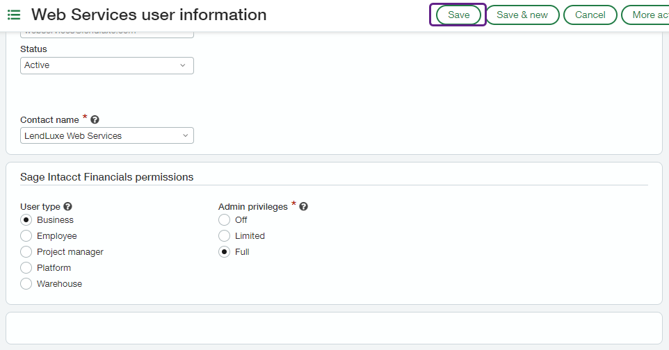 Screenshot of Sage Intacct interface displaying the Sage Intacct financials permissions section. The Save button is outlined